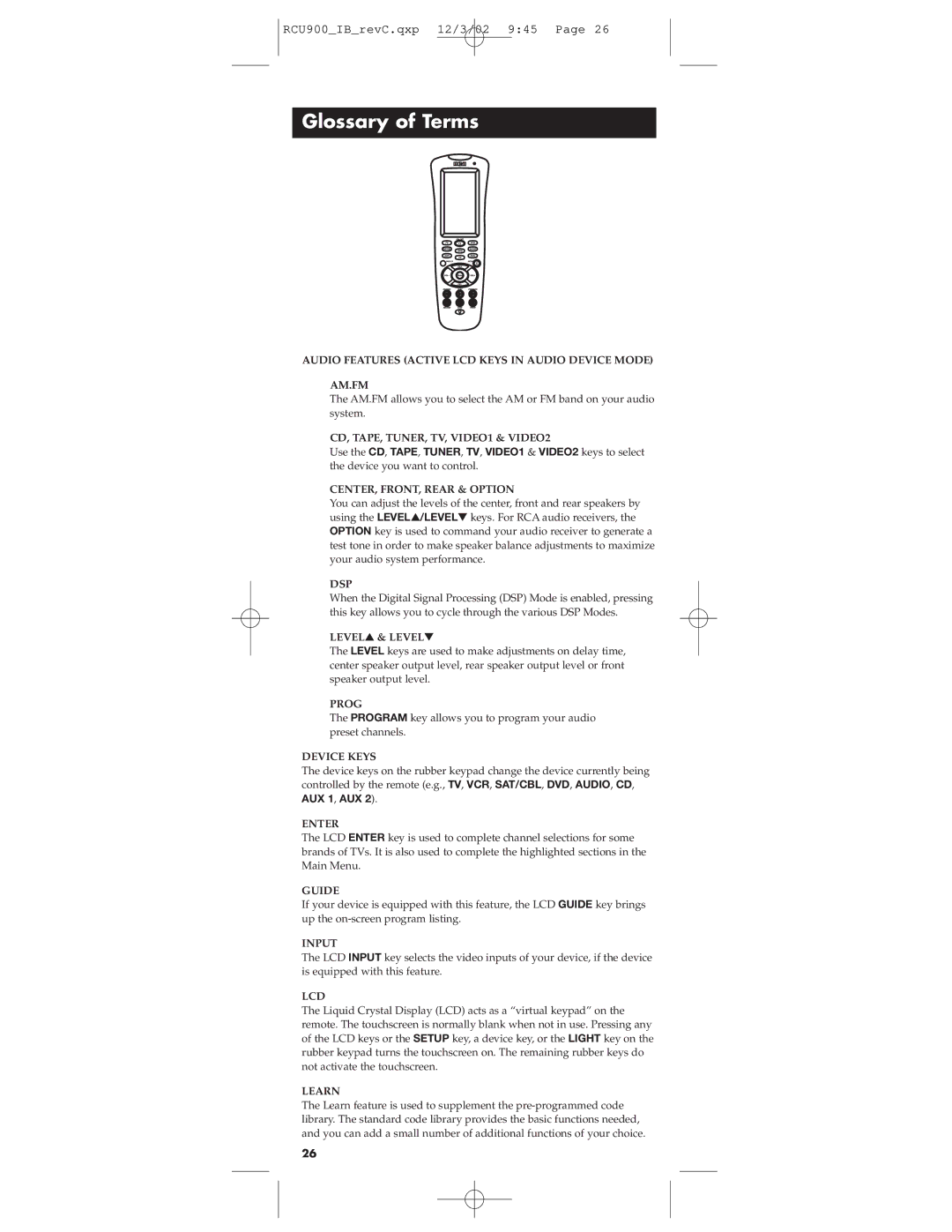 RCA RCU900 warranty Glossary of Terms, CENTER, FRONT, Rear & Option 