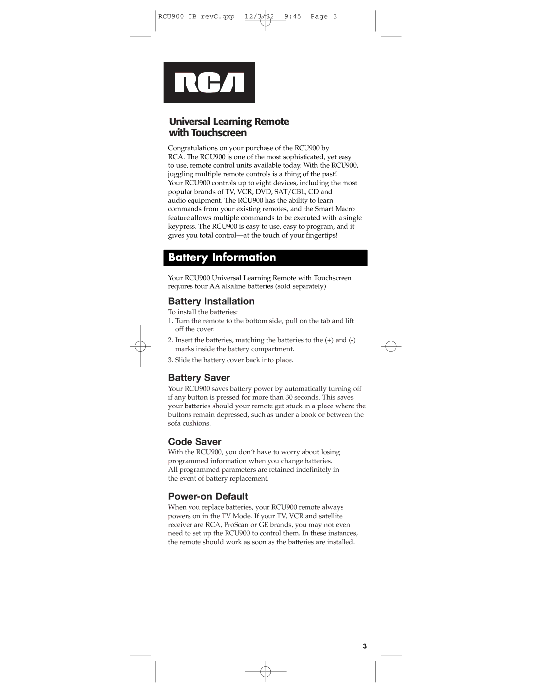 RCA RCU900 warranty Battery Information, Battery Installation, Battery Saver, Code Saver, Power-on Default 