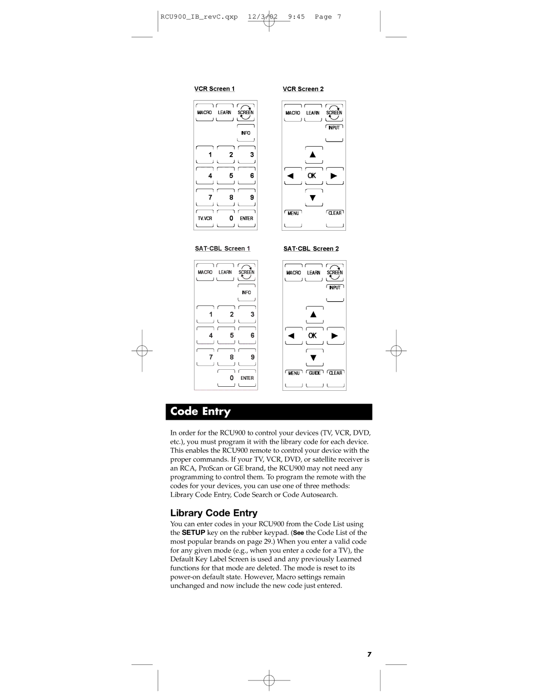 RCA RCU900 warranty Library Code Entry 