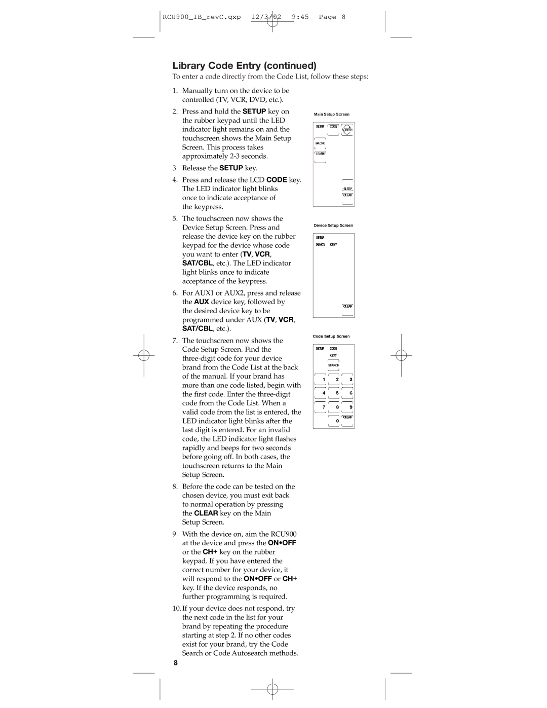 RCA RCU900 warranty Library Code Entry 