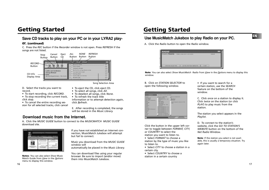 RCA RD 2209 manual Save CD tracks to play on your PC or in your LYRA2 play, Use MusicMatch Jukebox to play Radio on your PC 