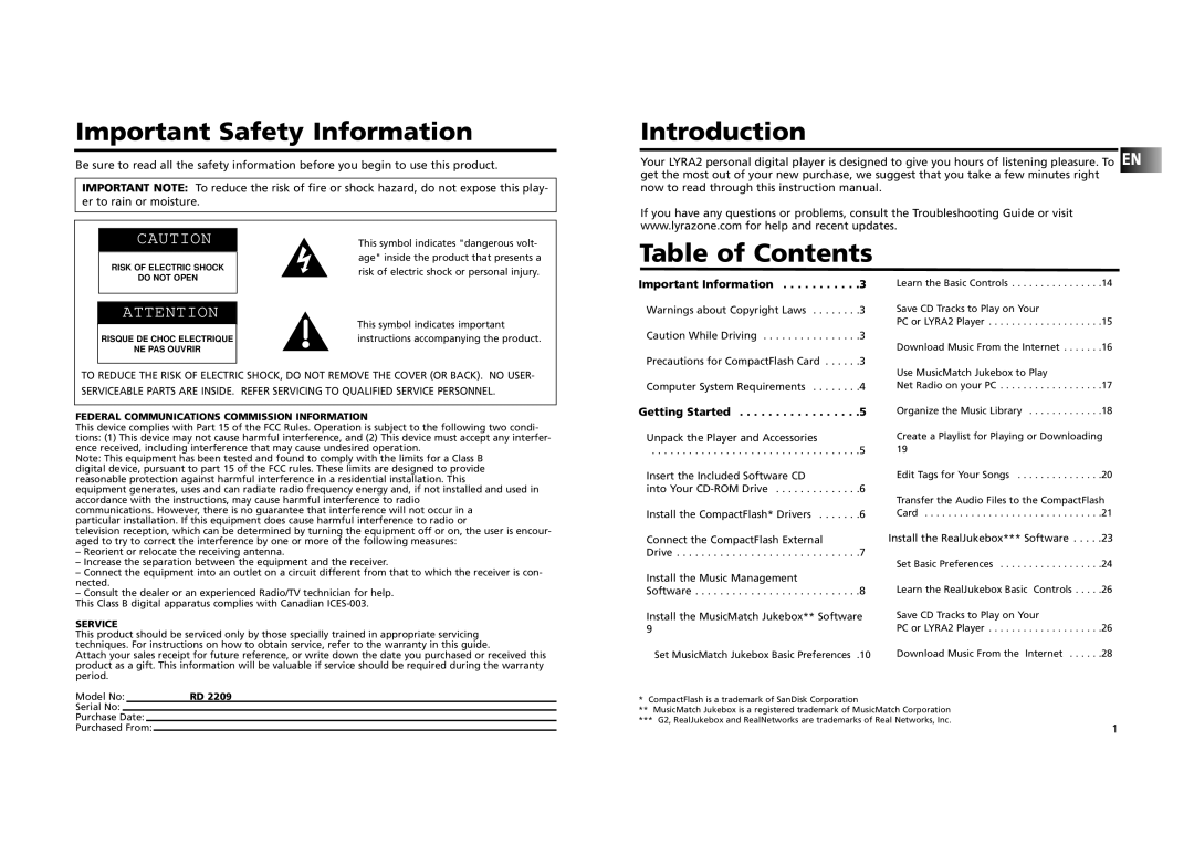 RCA RD 2209 manual Important Safety Information, Introduction, Table of Contents 