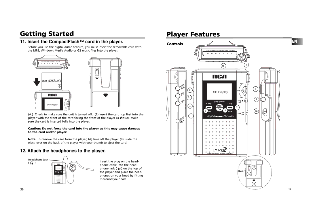 RCA RD 2209 manual Getting Started Player Features, Insert the CompactFlash card in the player 