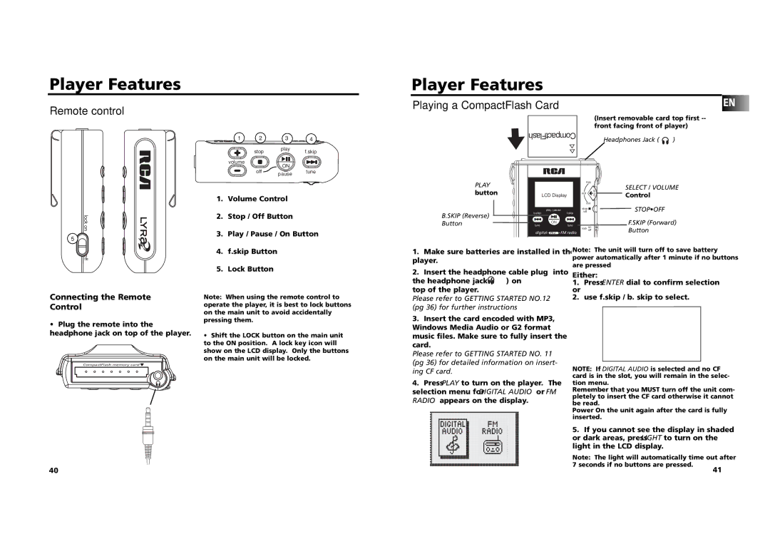 RCA RD 2209 manual Remote control, Playing a CompactFlash Card, Connecting the Remote Control 