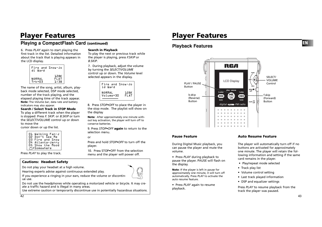 RCA RD 2209 manual Playing a CompactFlash Card Playback Features, Pause Feature, Auto Resume Feature, Search in Playback 