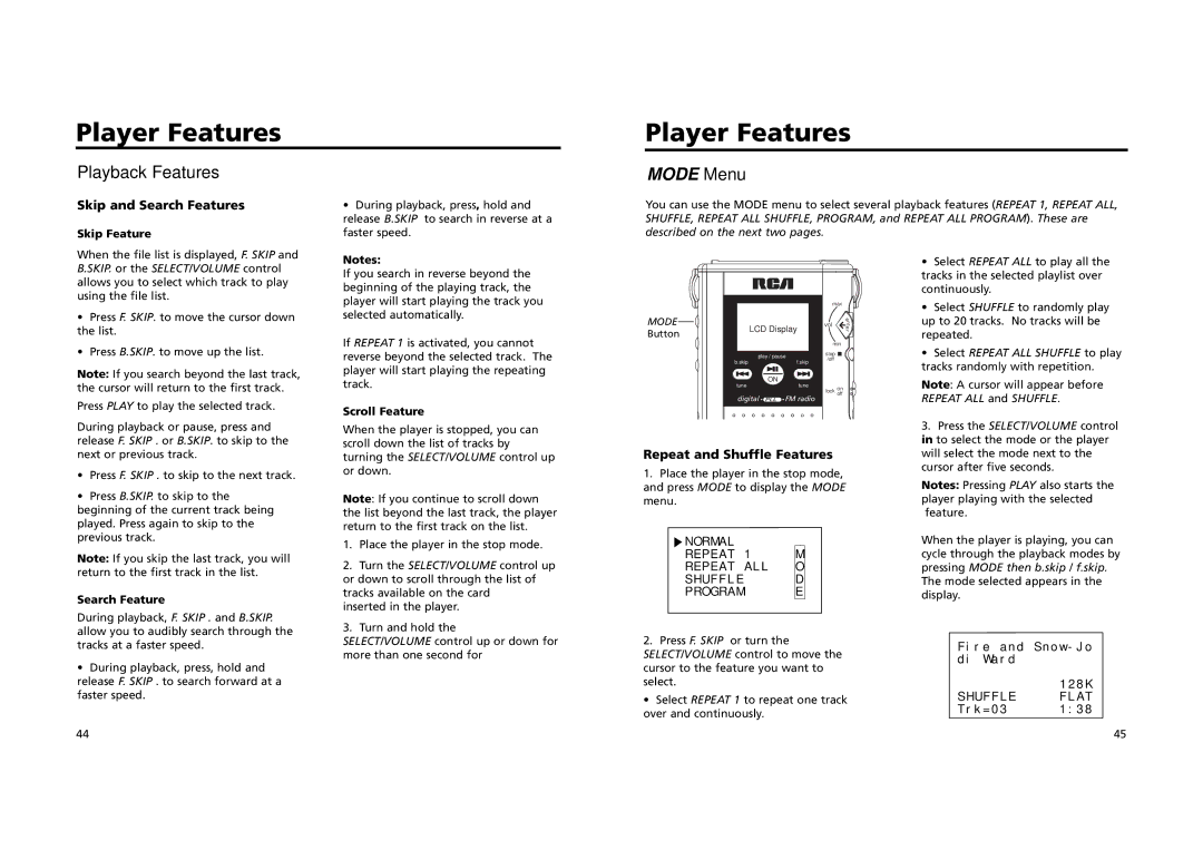 RCA RD 2209 manual Skip and Search Features, Repeat and Shuffle Features, Skip Feature, Scroll Feature 