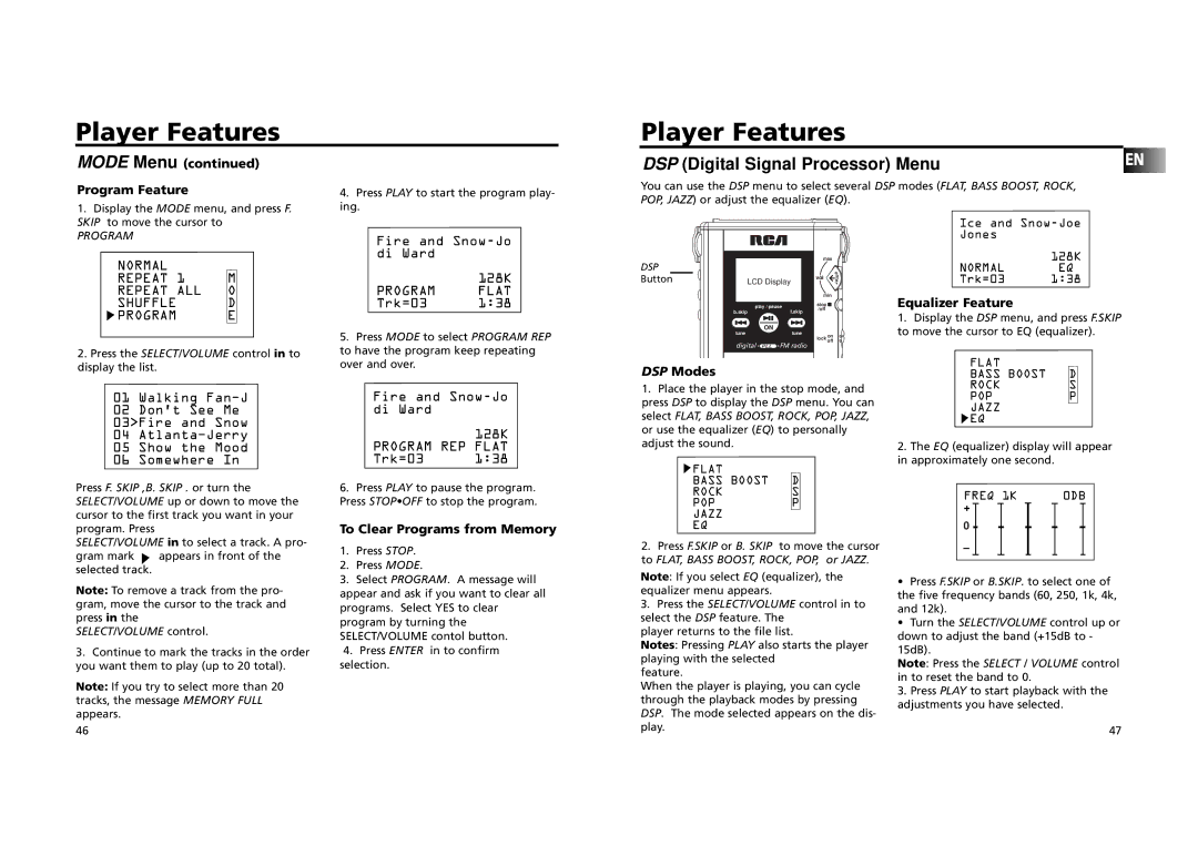 RCA RD 2209 Mode Menu Program Feature, DSP Modes, Equalizer Feature, To Clear Programs from Memory, SELECT/VOLUME control 