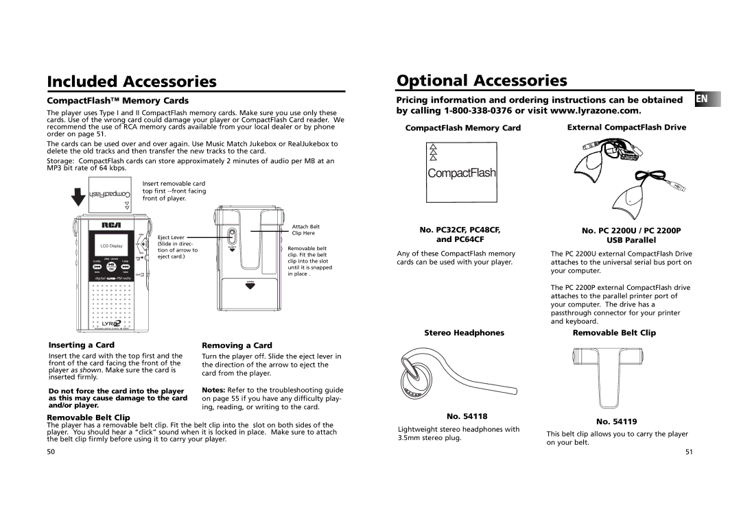 RCA RD 2209 manual Included Accessories, Optional Accessories 