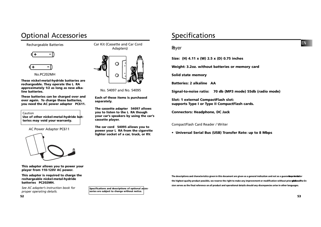 RCA RD 2209 manual Optional Accessories Specifications, Player 