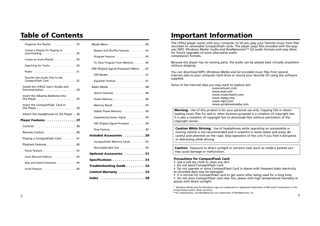 RCA RD 2209 manual Important Information, Player Features, Included Accessories, Precautions for CompactFlash Card 