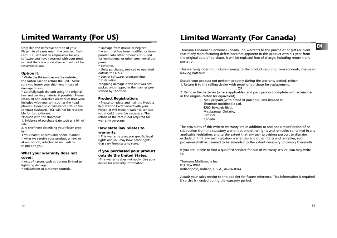 RCA RD 2209 Limited Warranty For US Limited Warranty For Canada, Product Registration, How state law relates to warranty 