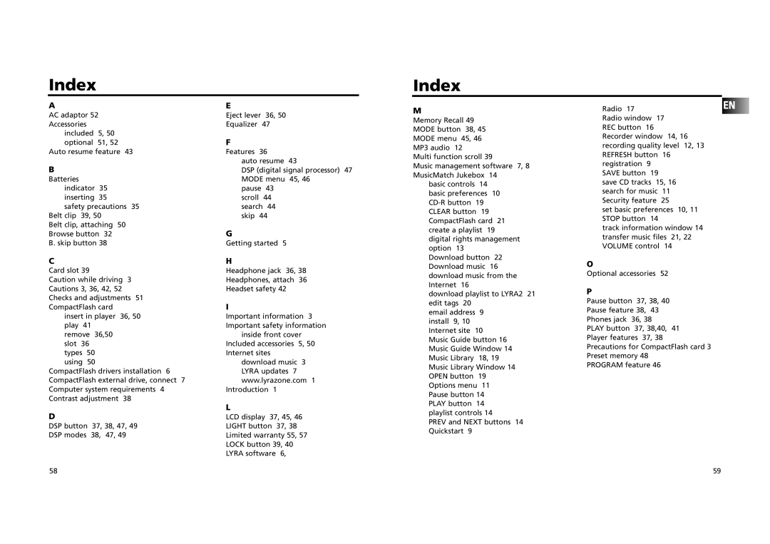 RCA RD 2209 manual Index 