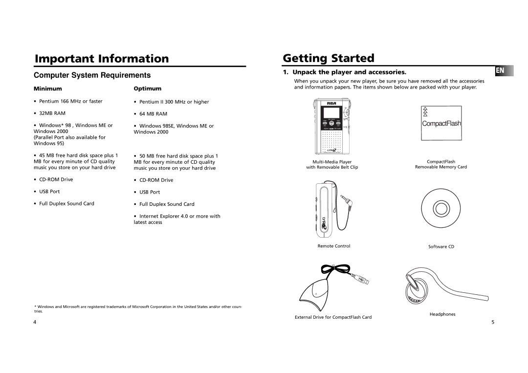 RCA RD 2209 manual Getting Started, Computer System Requirements, Minimum, Optimum 