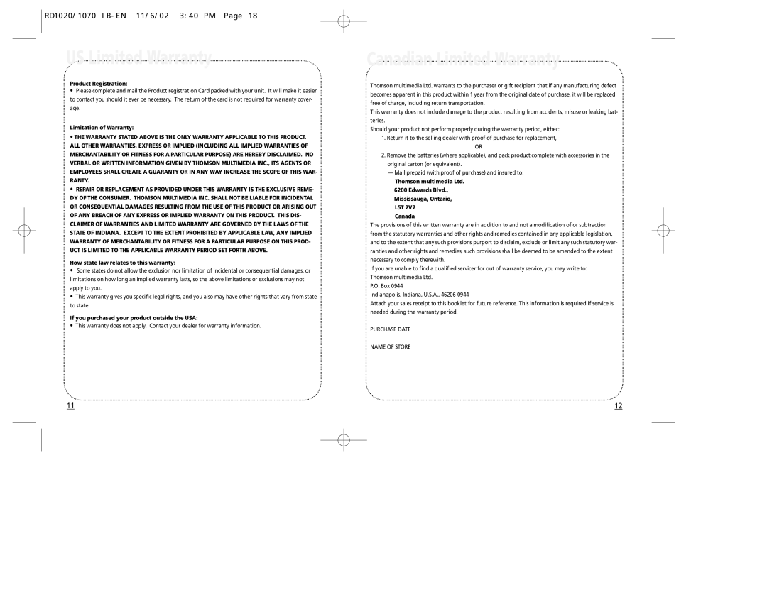 RCA RD1070, RD1020 manual Canadian Limited Warranty, Product Registration 