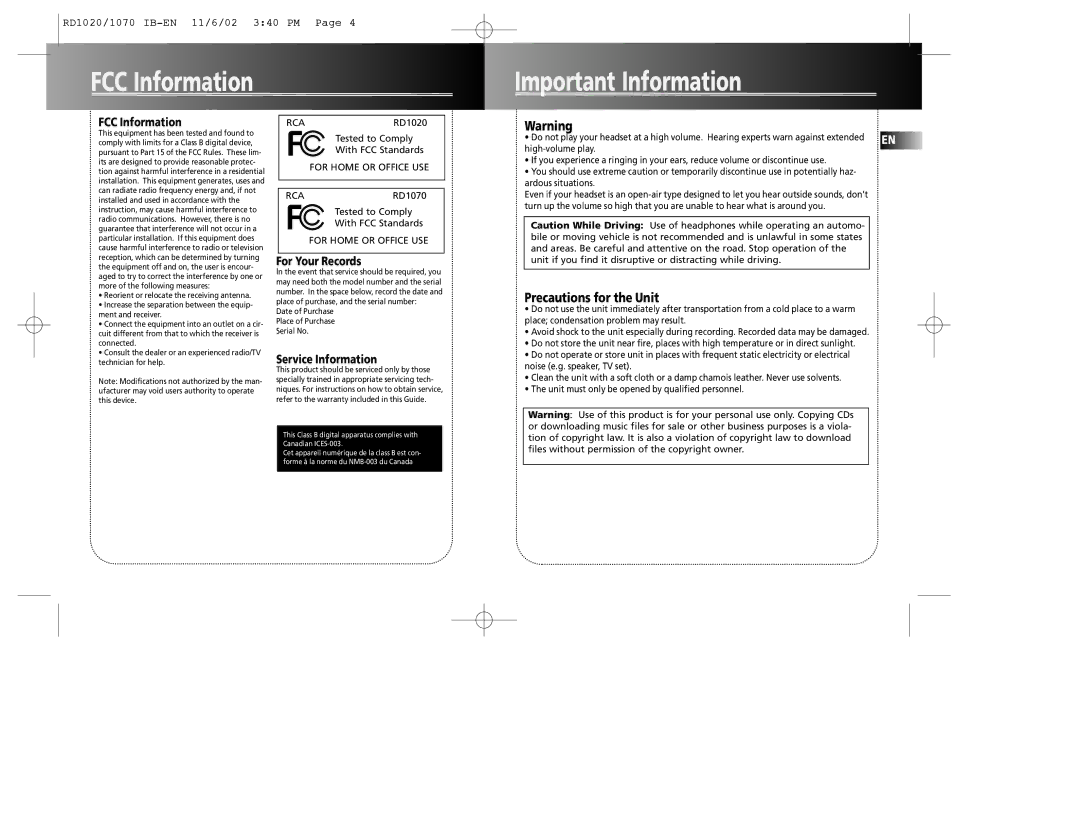 RCA RD1020, RD1070 FCC Information Important Information, Precautions for the Unit, For Your Records, Service Information 