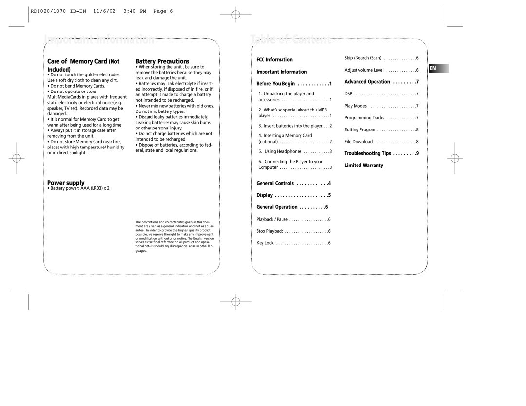 RCA RD1070 Important Information Table of Content, Care of Memory Card Not, Battery Precautions, Power supply, Included 