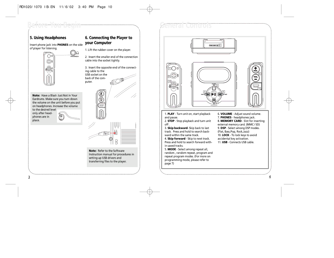 RCA RD1070, RD1020 manual Before You Begin General Controls, Using Headphones, Connecting the Player to your Computer 