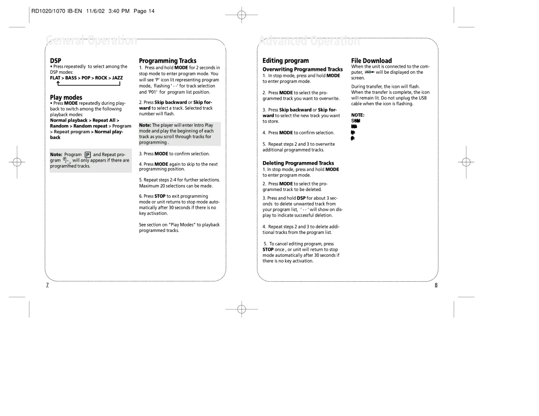 RCA RD1070, RD1020 General Operation Advanced Operation, Play modes, Programming Tracks, Editing program, File Download 