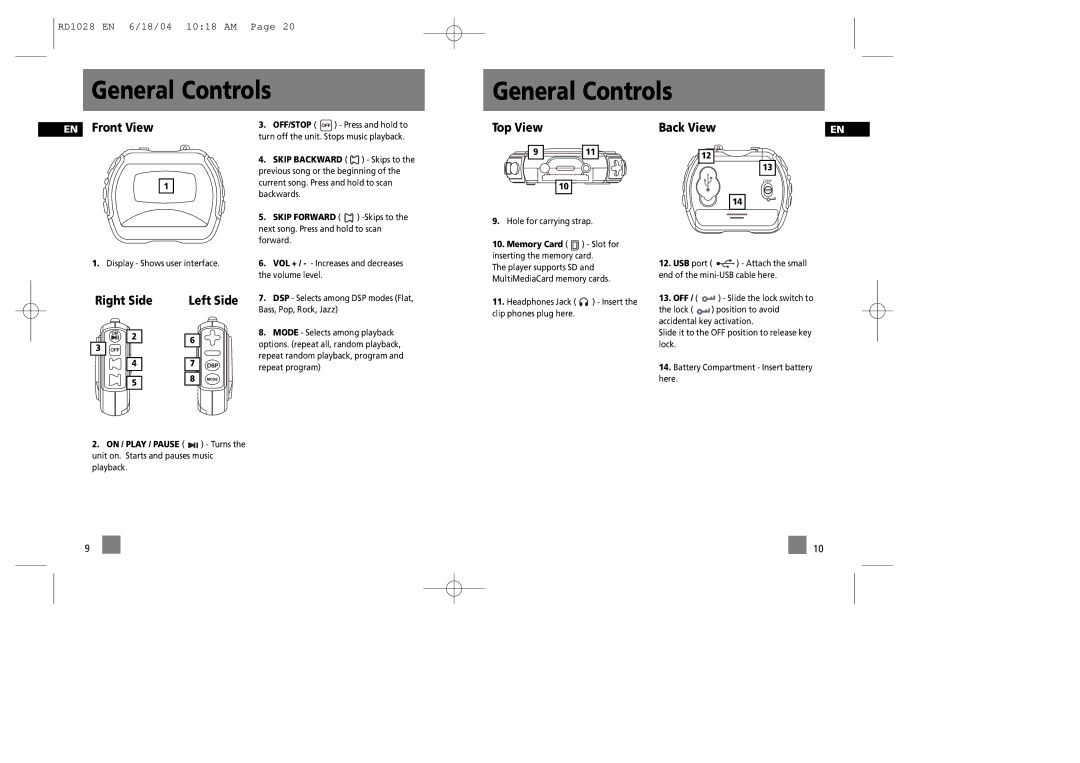 RCA RD1022, RD1072, RD1028, RD1076 user manual General Controls, EN Front View, Top View, Back View, Right Side Left Side 