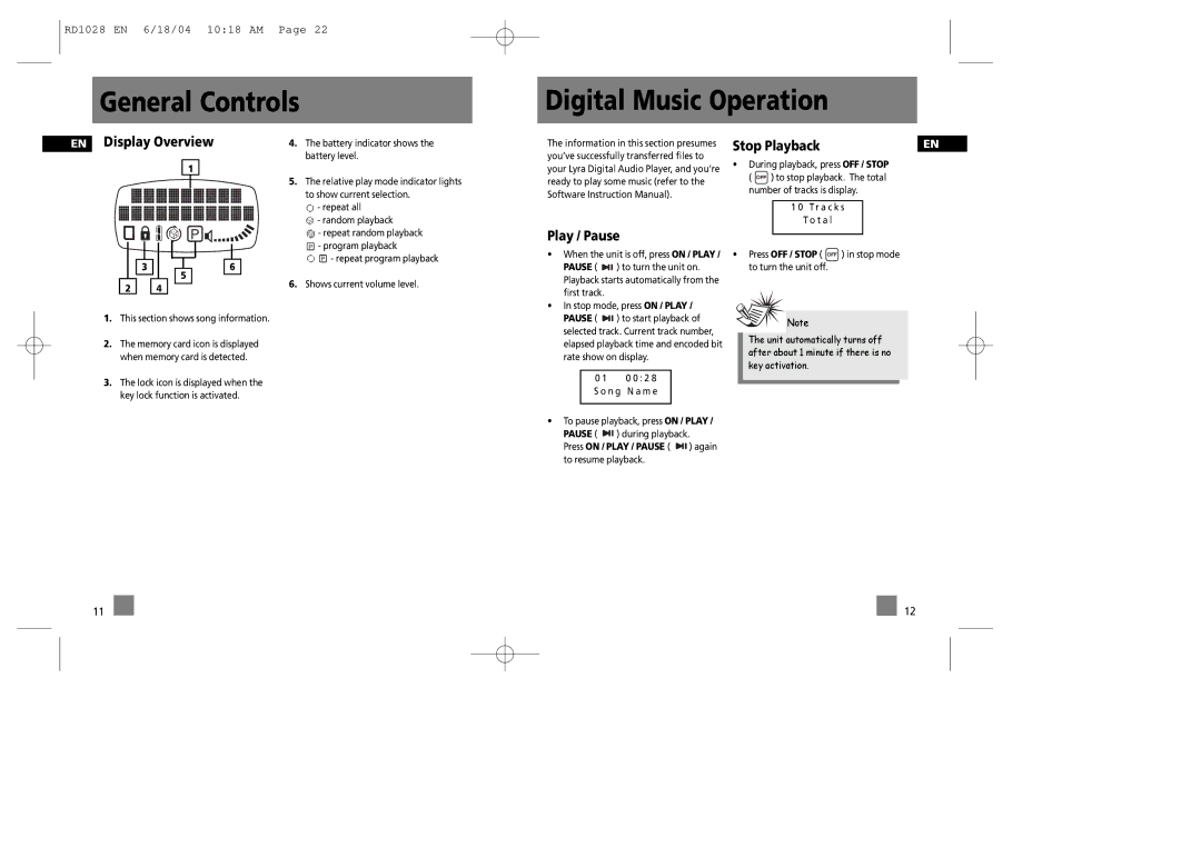 RCA RD1076, RD1072, RD1028 General Controls Digital Music Operation, EN Display Overview, Play / Pause, Stop Playback 