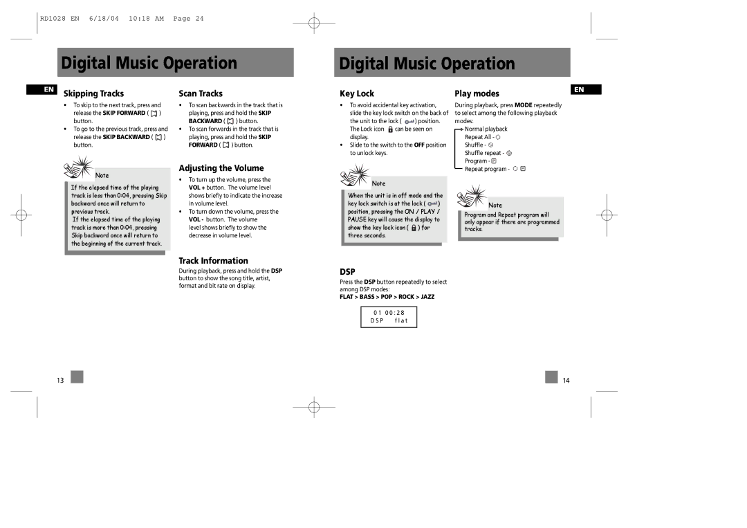 RCA RD1072, RD1028, RD1022, RD1076 Skipping Tracks, Key Lock Play modes, Adjusting the Volume, Track Information, Dsp 