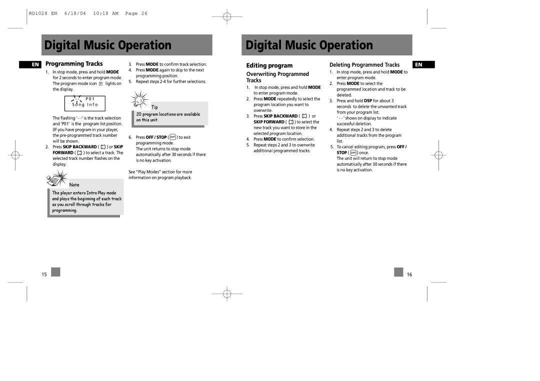 RCA RD1028, RD1072, RD1022 EN Programming Tracks, Editing program Overwriting Programmed Tracks, Deleting Programmed Tracks 