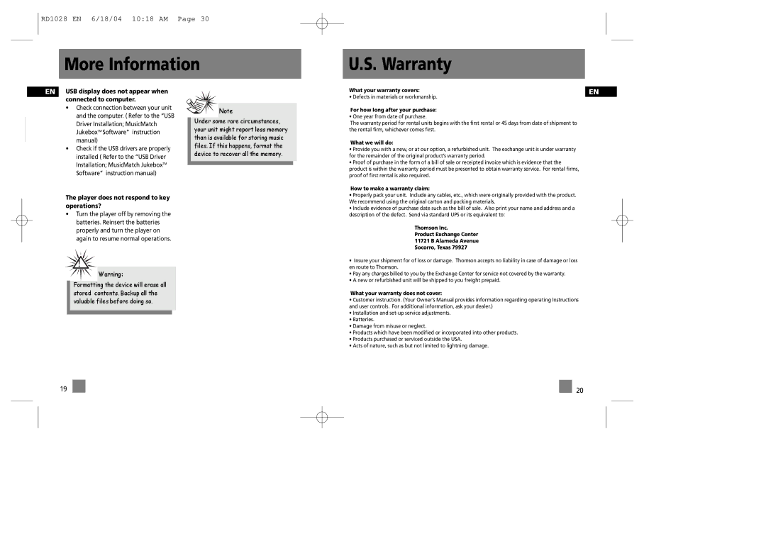 RCA RD1076, RD1072, RD1028, RD1022 user manual More Information Warranty, For how long after your purchase 