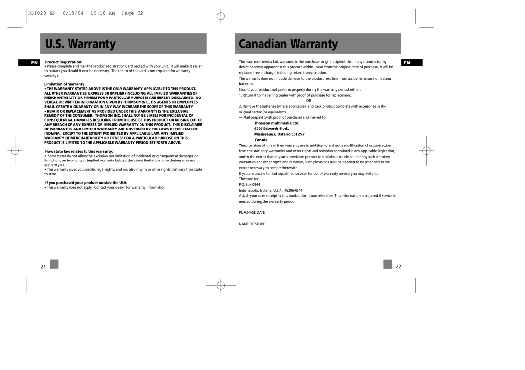 RCA RD1072, RD1028, RD1022, RD1076 user manual Canadian Warranty, EN Product Registration 