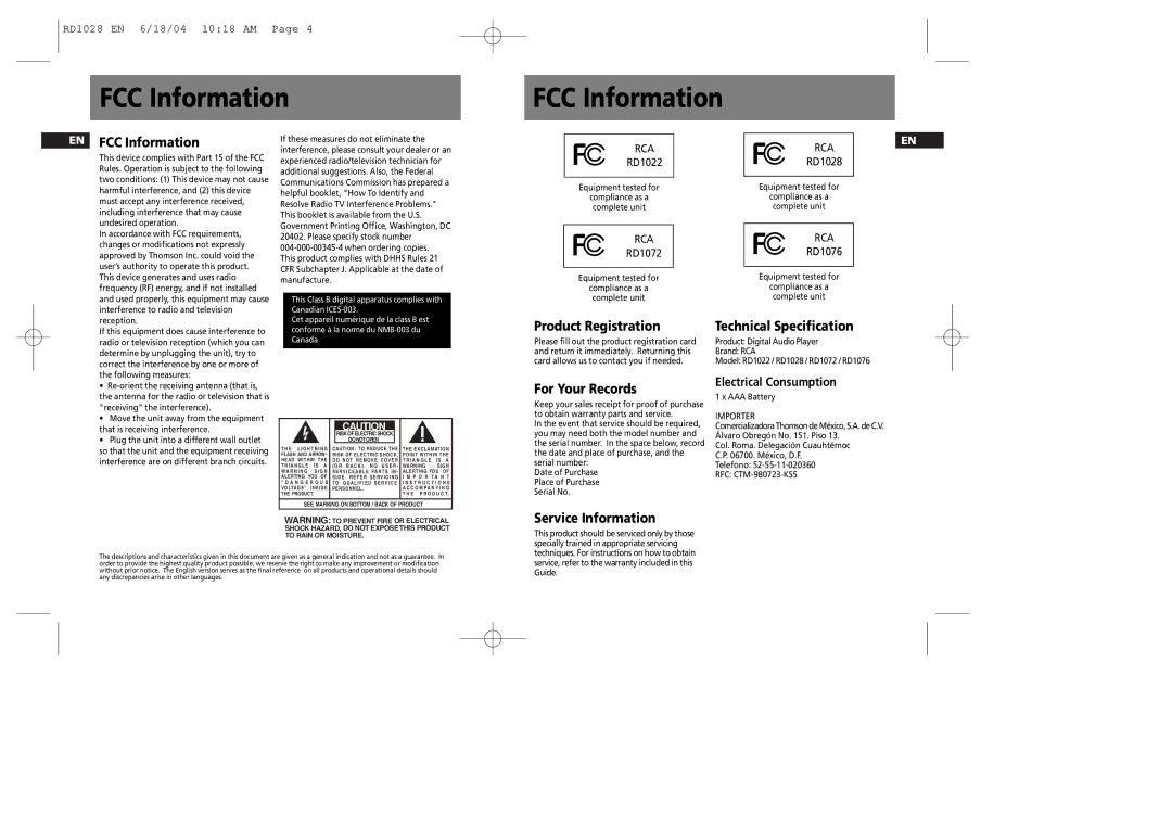 RCA RD1022, RD1072, RD1028, RD1076 user manual FCC Information 