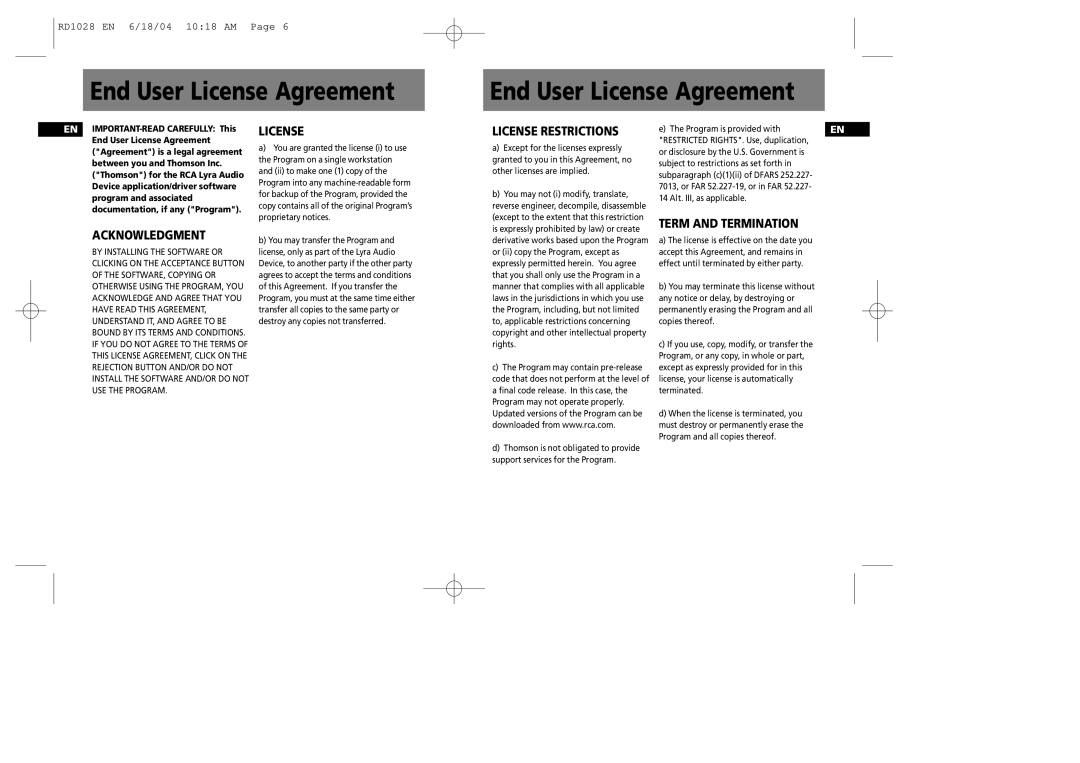 RCA RD1076, RD1072, RD1028, RD1022 End User License Agreement, Acknowledgment, License Restrictions, Term and Termination 