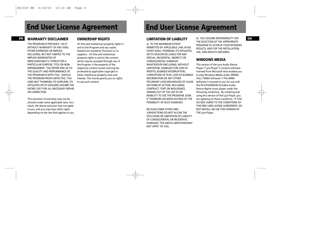 RCA RD1072, RD1028, RD1022, RD1076 user manual Warranty Disclaimer Ownership Rights Limitation of Liability, Windows Media 