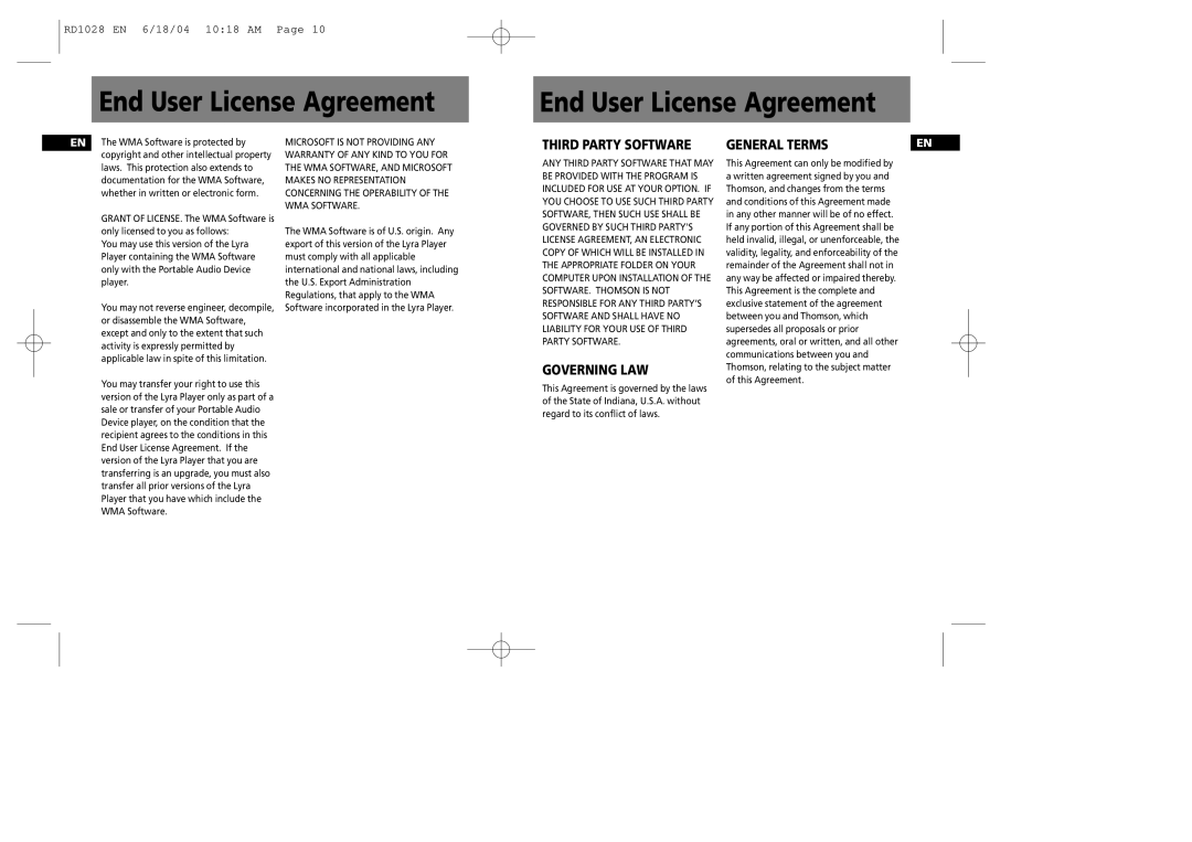 RCA RD1028, RD1072, RD1022, RD1076 user manual Third Party Software, Governing LAW, General Terms 