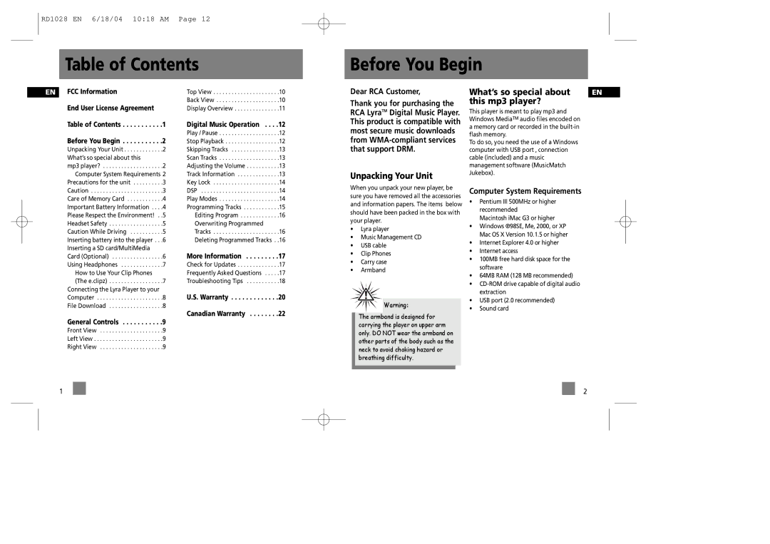 RCA RD1022, RD1072, RD1028, RD1076 user manual Table of Contents Before You Begin 