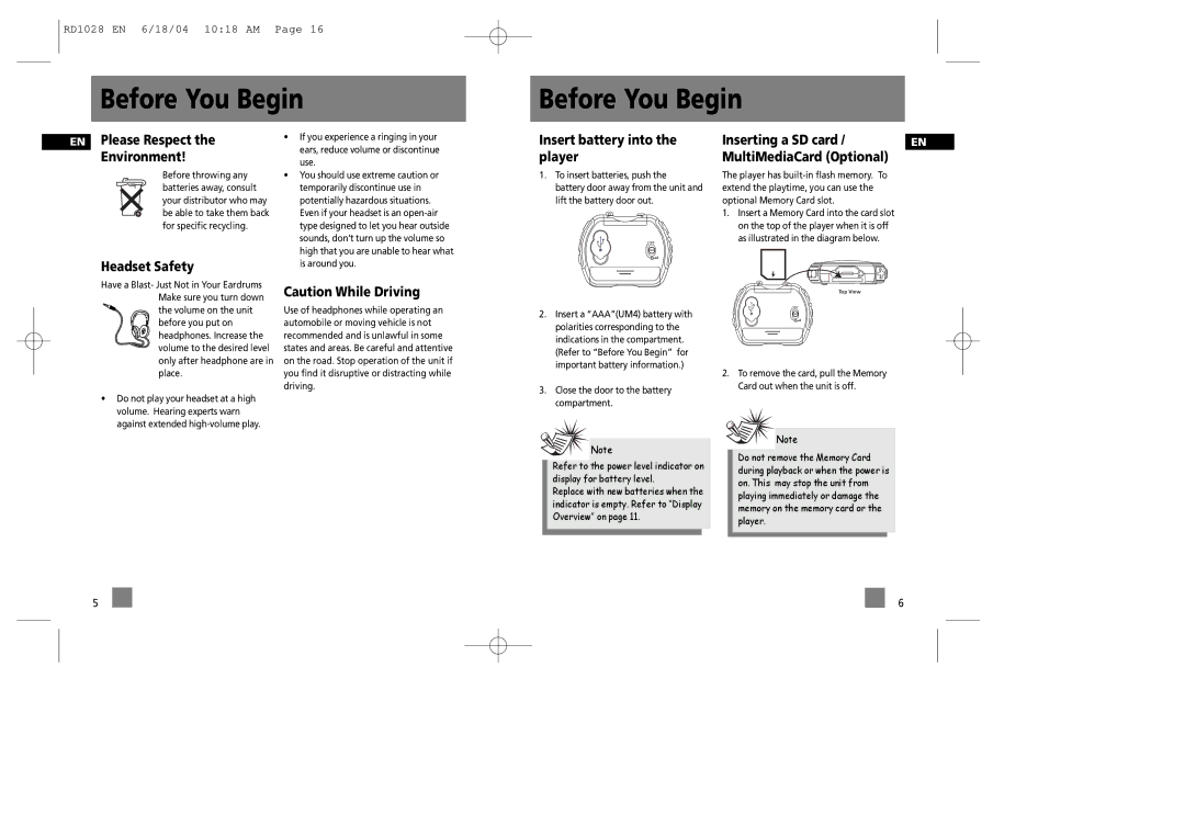 RCA RD1072, RD1028, RD1022, RD1076 user manual EN Please Respect Environment, Headset Safety 