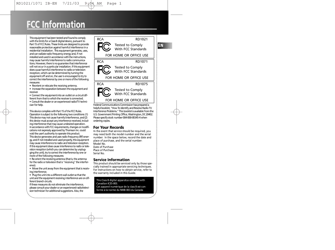 RCA RD1075SA warranty FCC Information, For Your Records, Service Information 