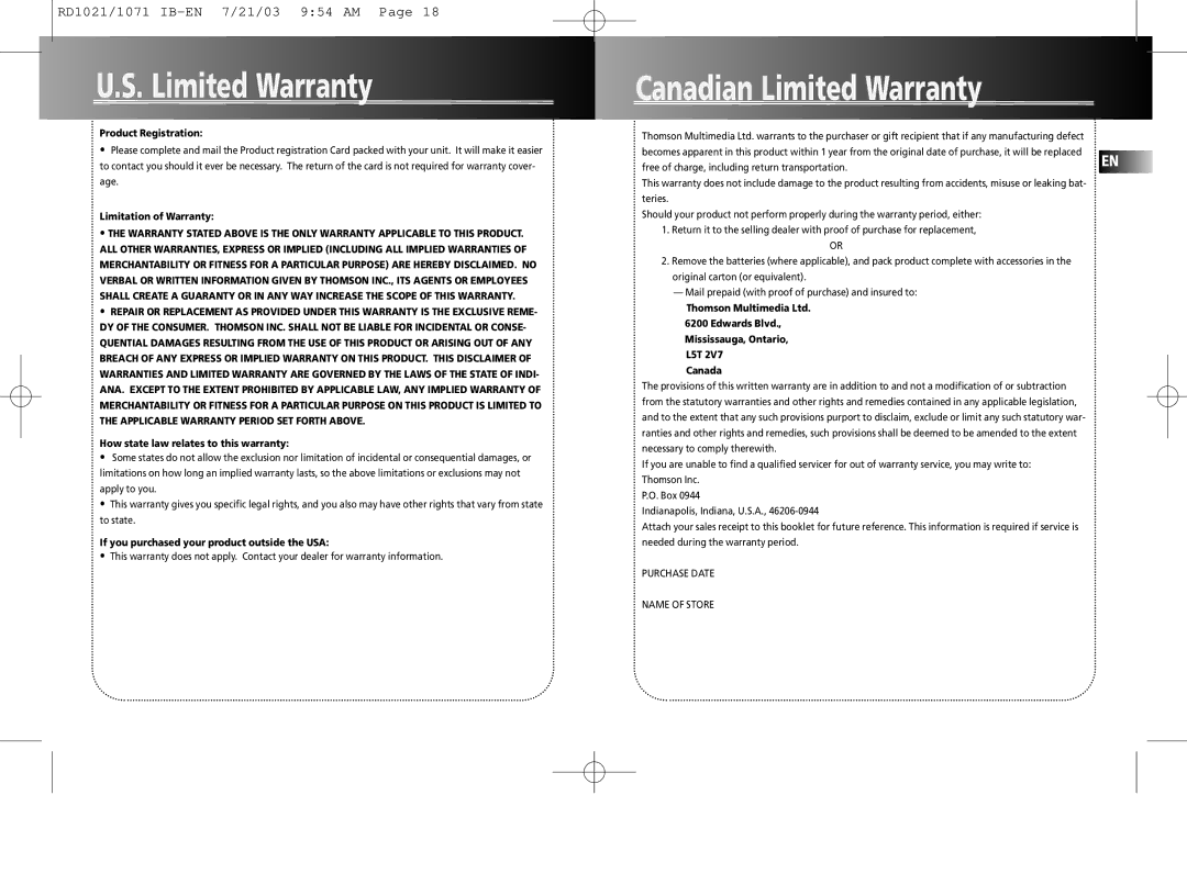 RCA RD1075SA warranty Canadian Limited Warranty, Product Registration 