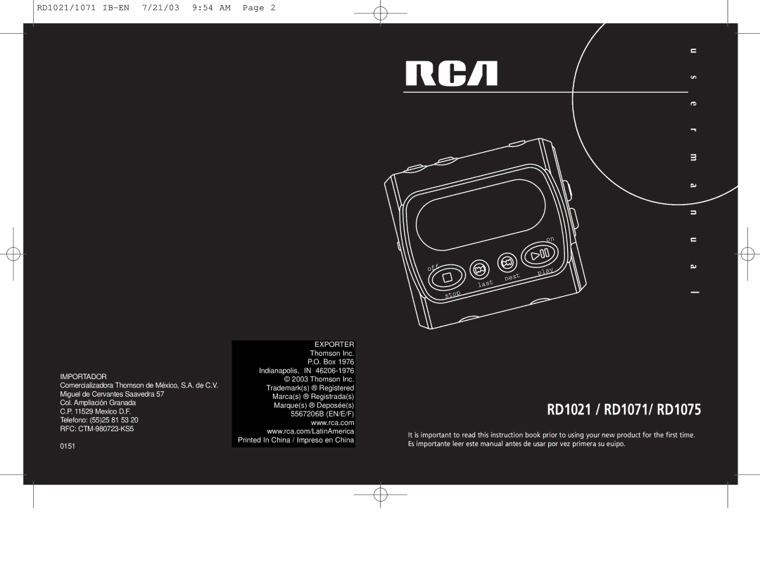 RCA RD1075SA warranty RD1021 / RD1071/ RD1075 