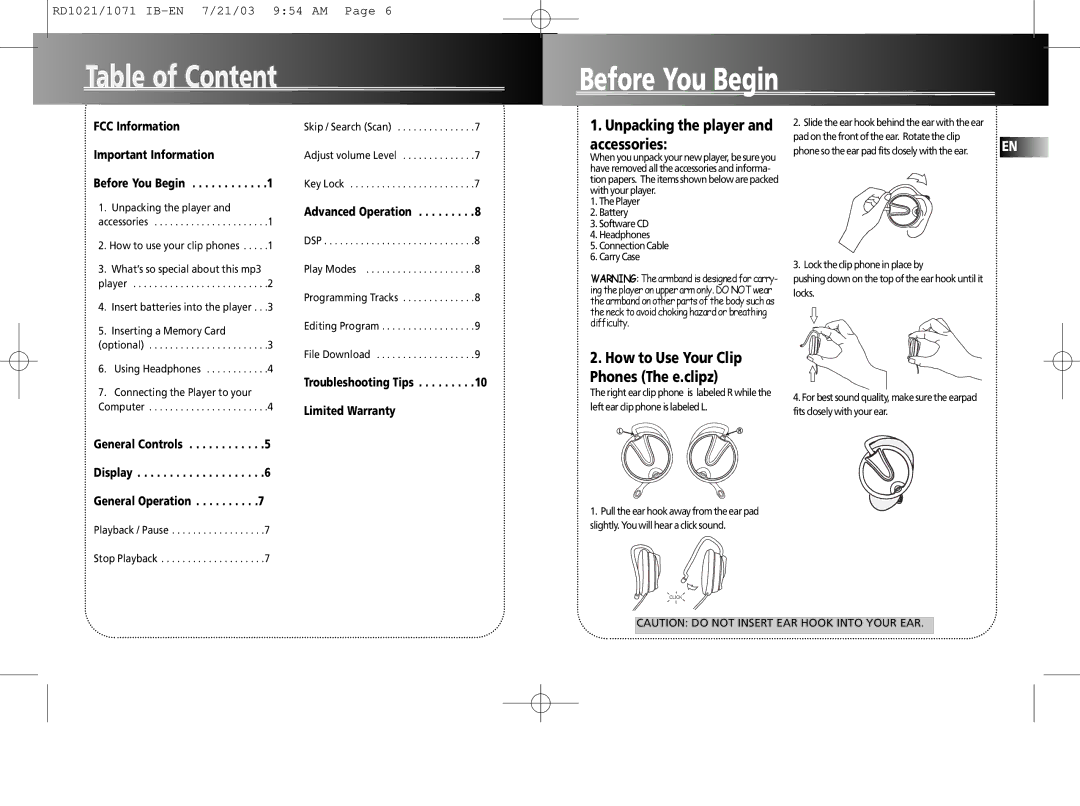 RCA RD1075SA warranty Table of Content, Unpacking the player and accessories, How to Use Your Clip Phones The e.clipz 