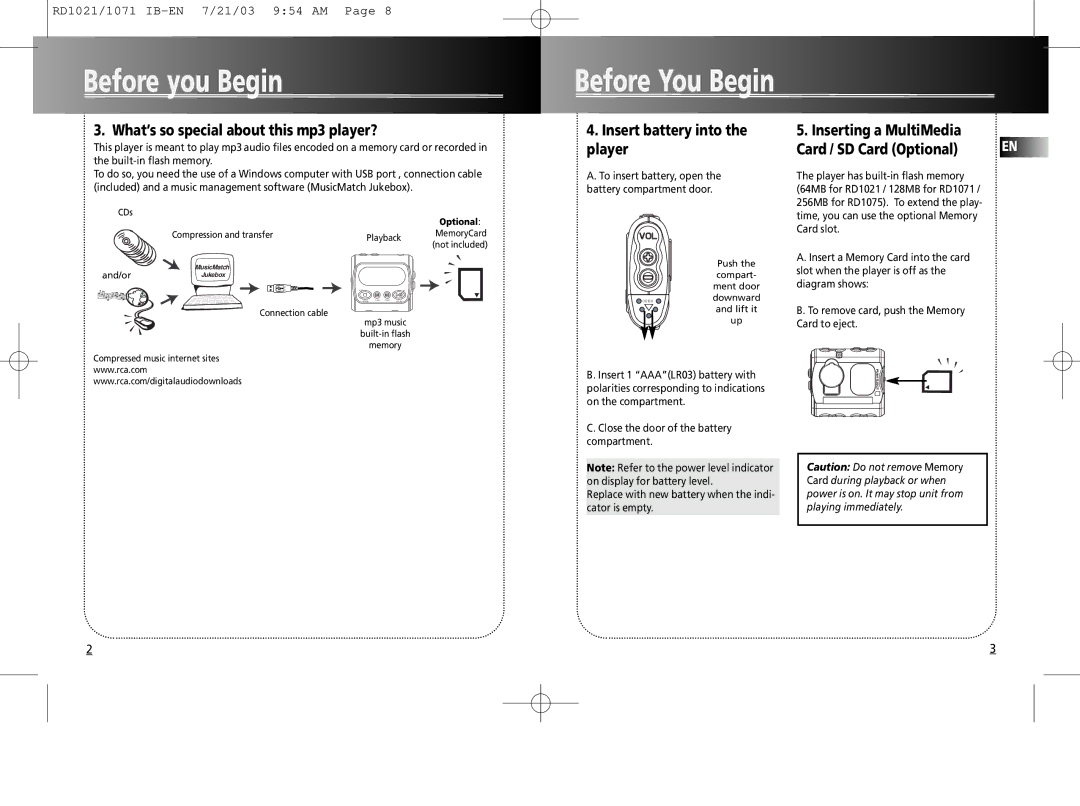 RCA RD1075SA warranty Before you Begin, What’s so special about this mp3 player? 