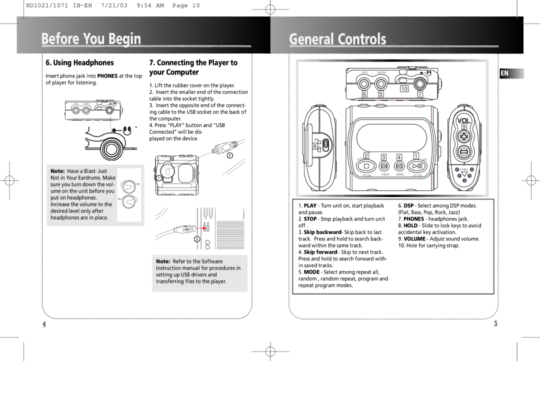 RCA RD1075SA warranty Before You Begin General Controls, Using Headphones, Connecting the Player to your Computer 