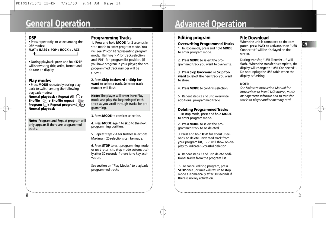 RCA RD1075SA General Operation Advanced Operation, Play modes, Programming Tracks, Editing program, File Download 