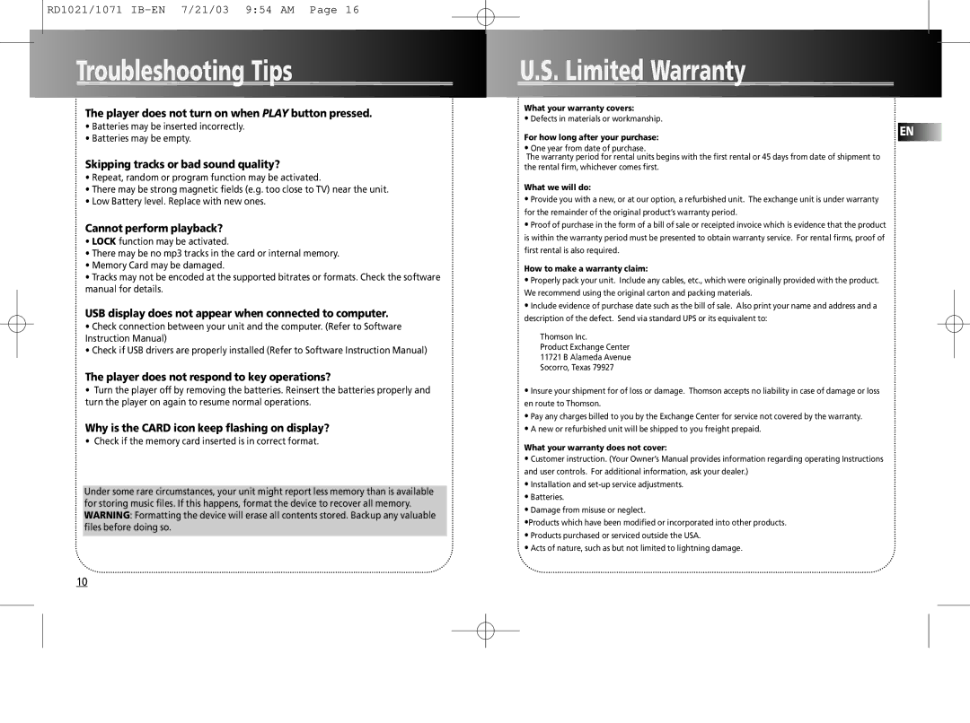 RCA RD1075SA warranty Troubleshooting Tips, Limited Warranty 