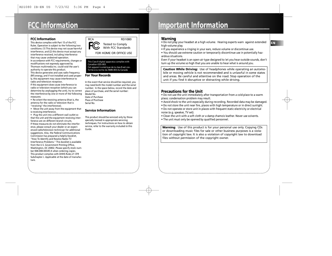 RCA RD1090 FCC Information Important Information, Precautions for the Unit, For Your Records, Service Information 