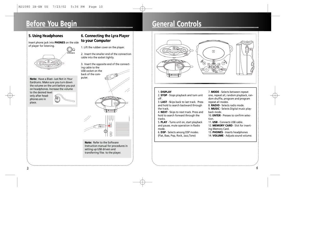 RCA RD1090 user manual Before You Begin General Controls, Using Headphones, Connecting the Lyra Player to your Computer 