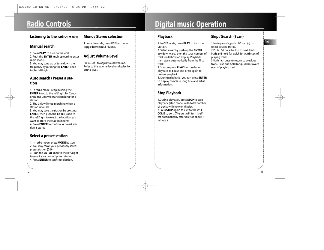 RCA RD1090 user manual Radio Controls, Digital music Operation 