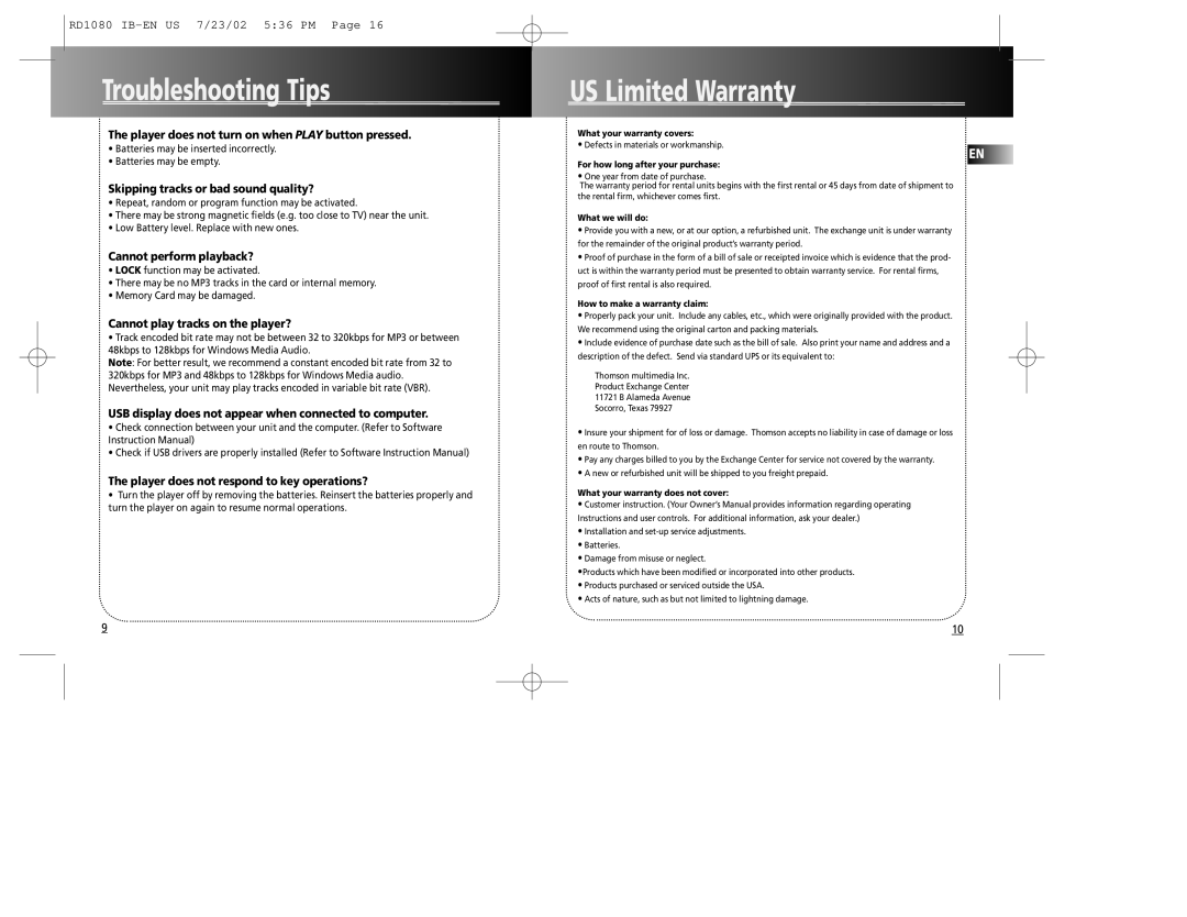 RCA RD1090 user manual Troubleshooting Tips, US Limited Warranty 