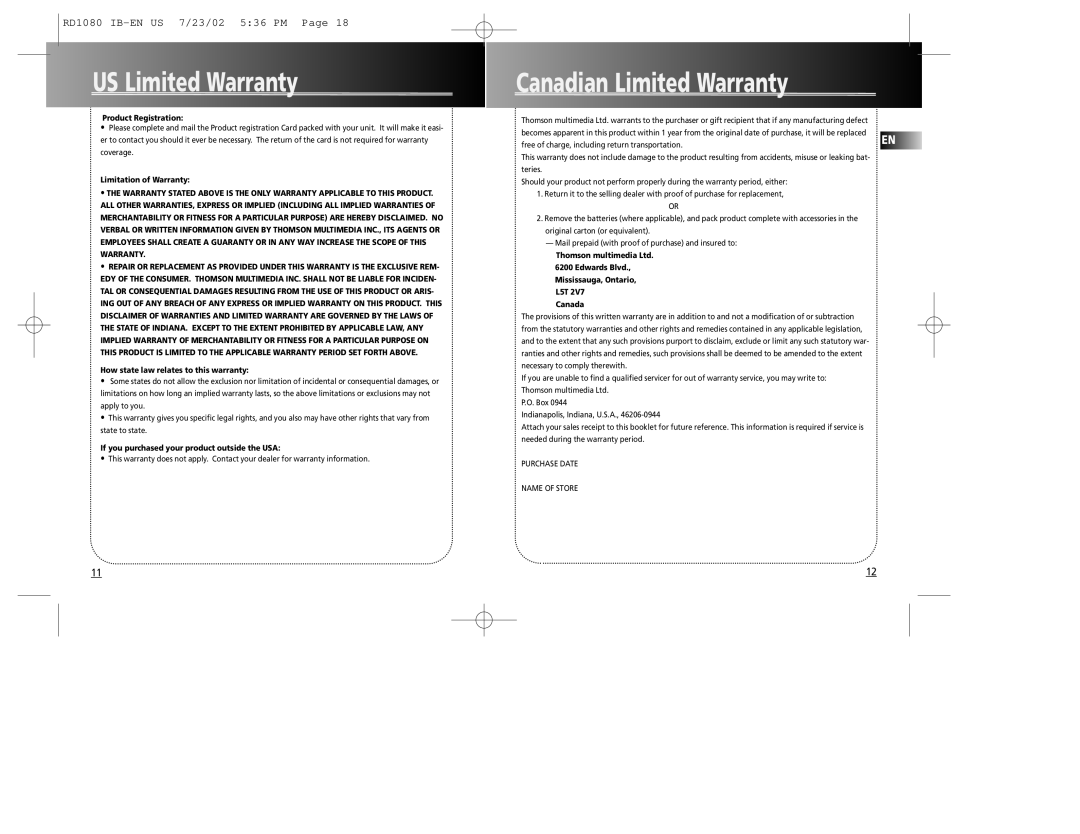 RCA RD1090 user manual Canadian Limited Warranty, Product Registration 