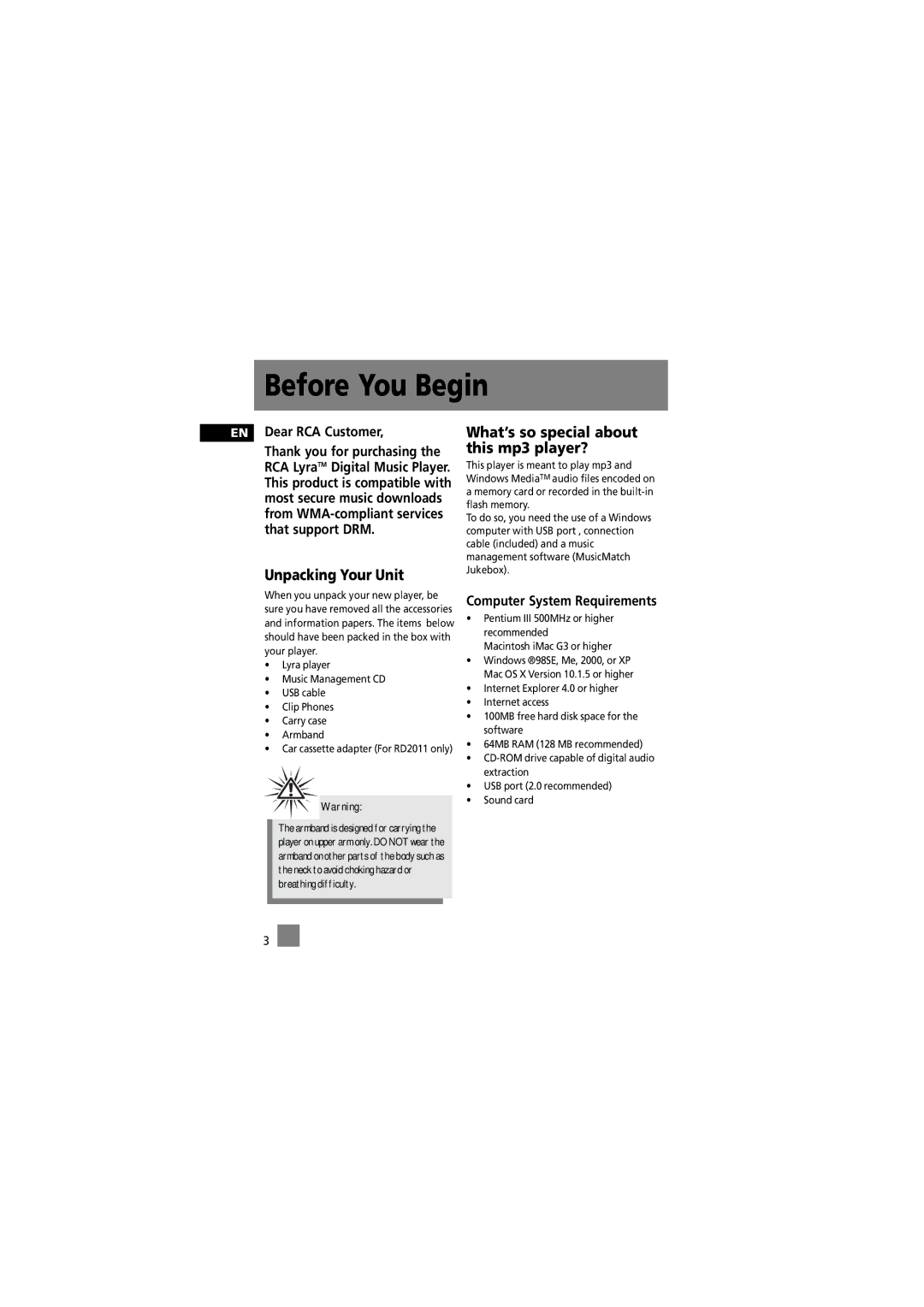 RCA RD2015, RD2012, RD2011, RD2010 manual Before You Begin, EN Dear RCA Customer 