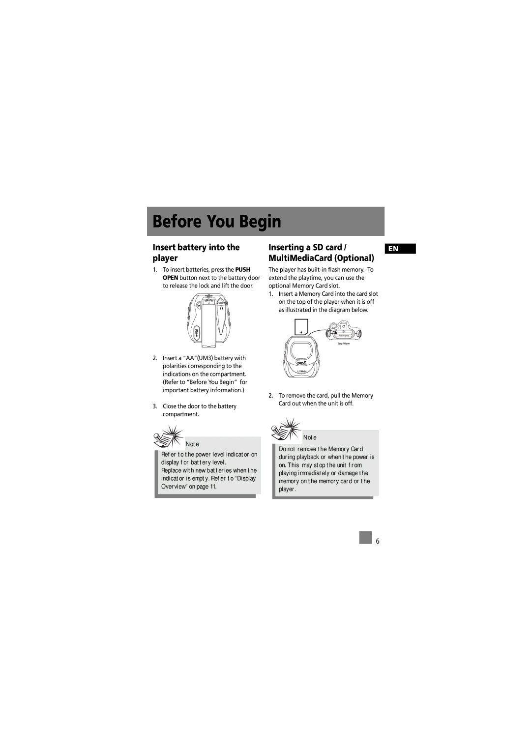 RCA RD2012, RD2015, RD2011, RD2010 manual Insert battery into the player, Inserting a SD card MultiMediaCard Optional 