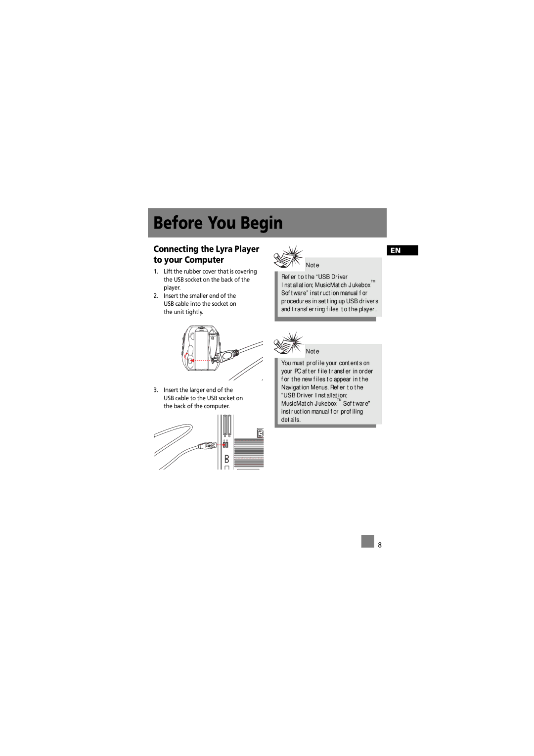 RCA RD2011, RD2012, RD2015, RD2010 manual Connecting the Lyra Player to your Computer 